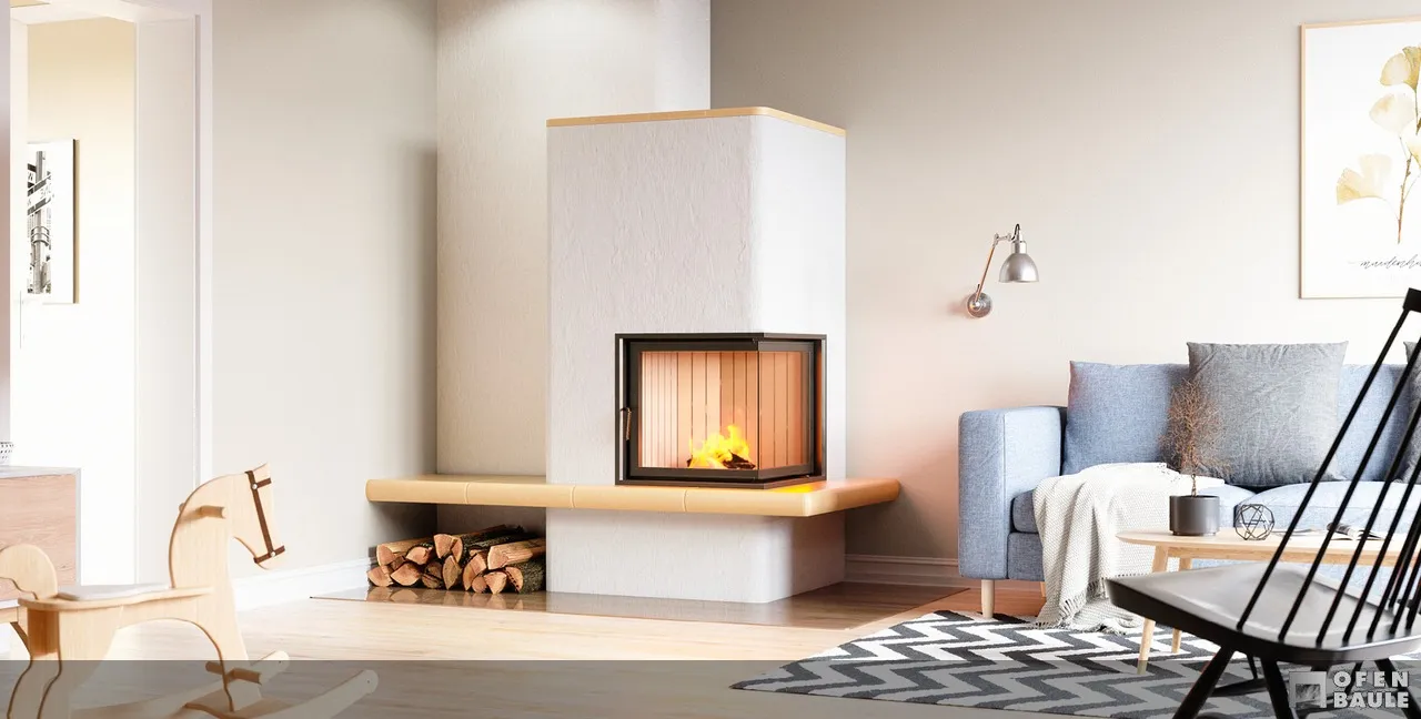 Eck-Kamin mit Holzbank und Holzfach