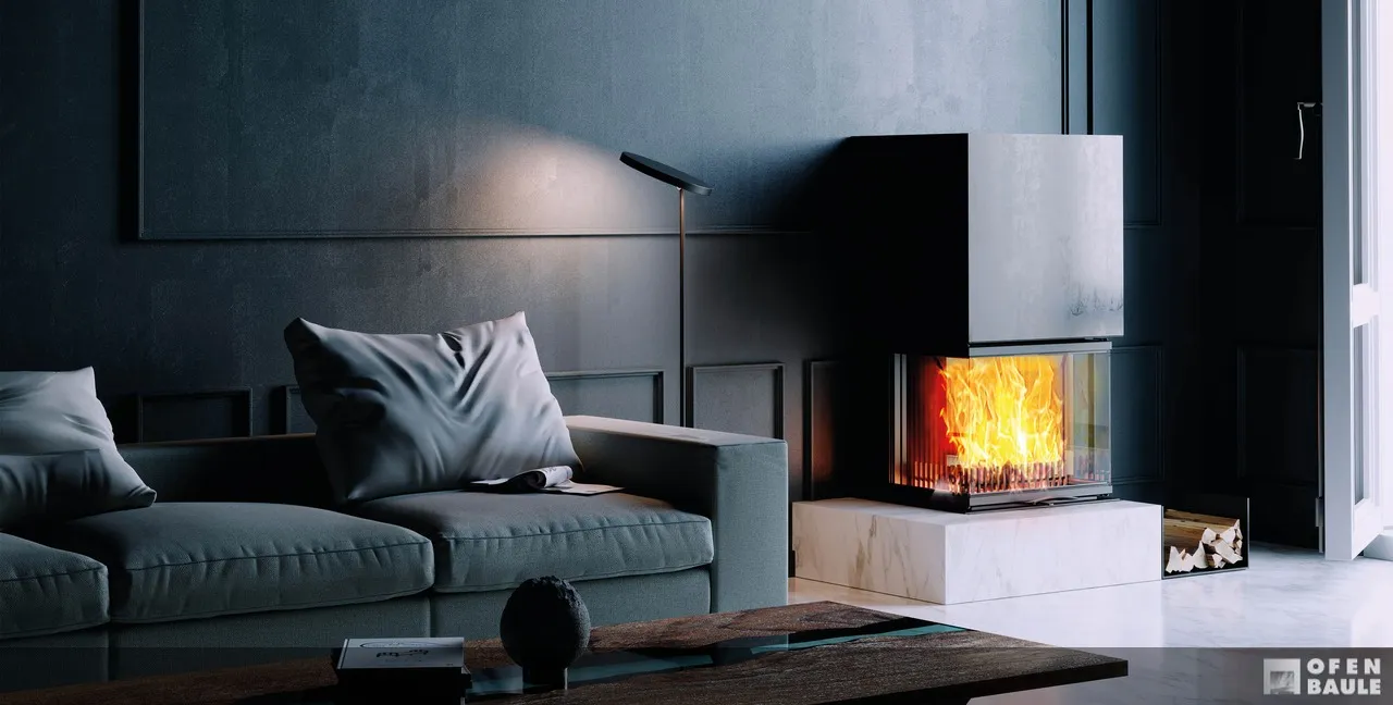 Panorama-Kamin im dunklen Wohnraum