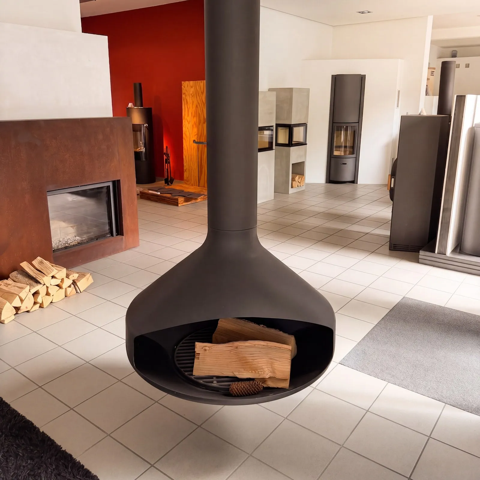 Wandhängender Kamin mit geschwungenem Rauchrohr, dahinter eine orangerote Wand