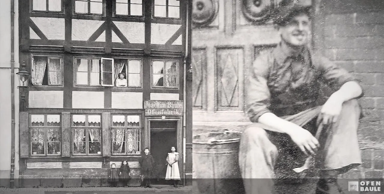 Zwei Aufnahmen: links das Fachwerkhaus am Neustädter Markt mit dem Ladenschild „Joachim Baule Ofenfabrik“ und Kindern davor, rechts ein Ofenbauer in Arbeitsschürze