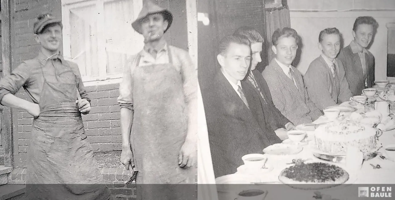 Zwei Aufnahmen: links zwei Ofenbauer in Arbeitsschürzen vor der Werkstatt, rechts die Belegschaft an einer Kaffeetafel mit Torten