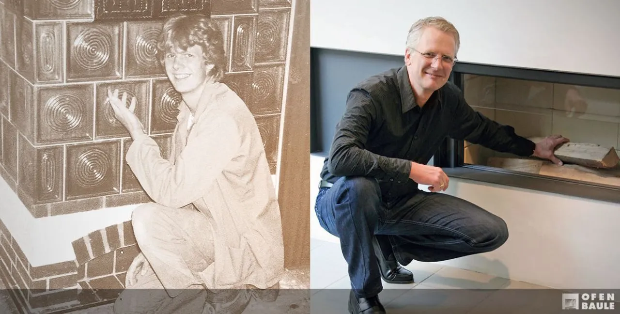 Zwei Aufnahmen im Vergleich: links Joachim Baule als junger Mann an einem gemauerten Kachelofen, rechts derselbe heute an einem rahmenlosen Panorama-Kamin